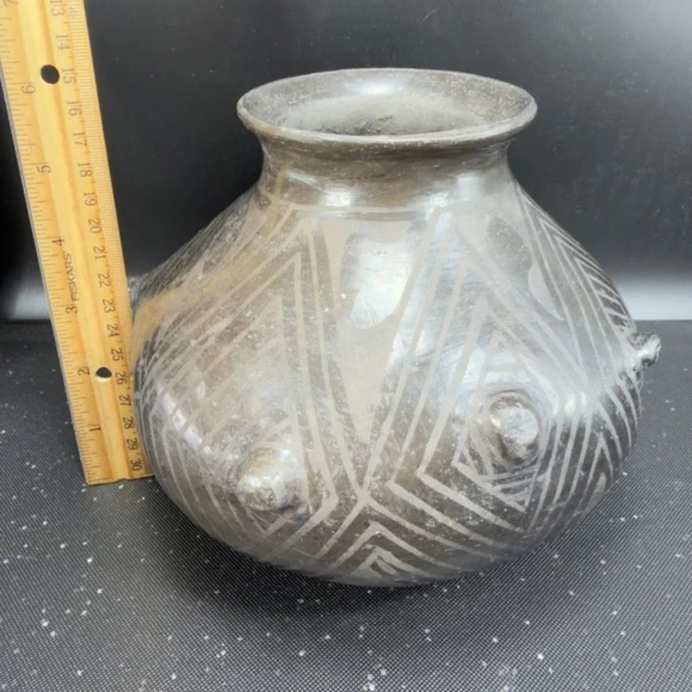 Mexican Barro Negro Black Clay Pottery Vase Cutout Oaxaca Folk Art Raised Accent